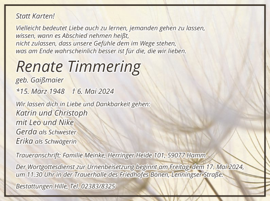 Todesanzeige von Renate Timmering von WA