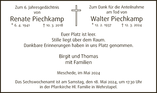 Todesanzeige von Renate und Walter Piechkamp von WA