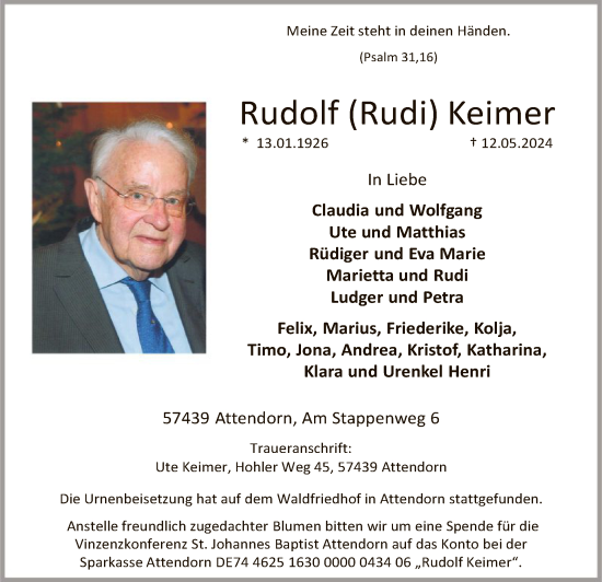 Todesanzeige von Rudolf Keimer von WA