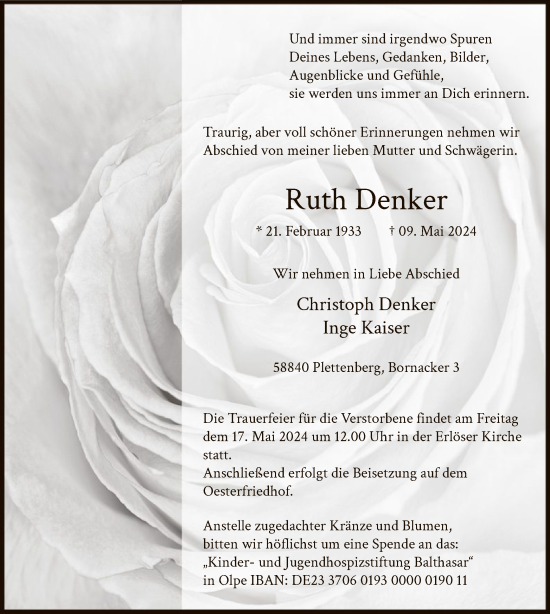 Todesanzeige von Ruth Denker von WA