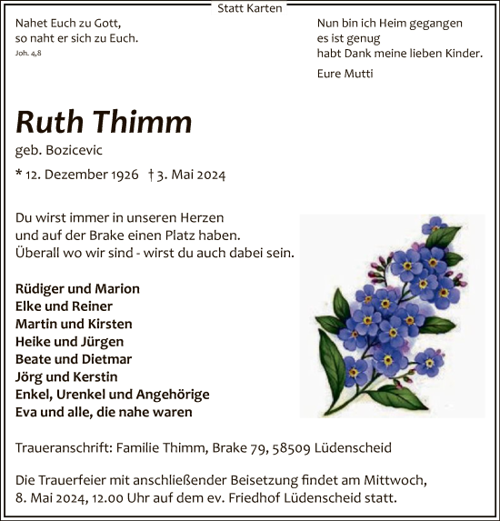 Todesanzeige von Ruth Thimm von WA