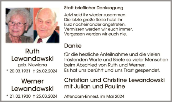 Todesanzeige von Ruth und Werner Lawandowski von WA