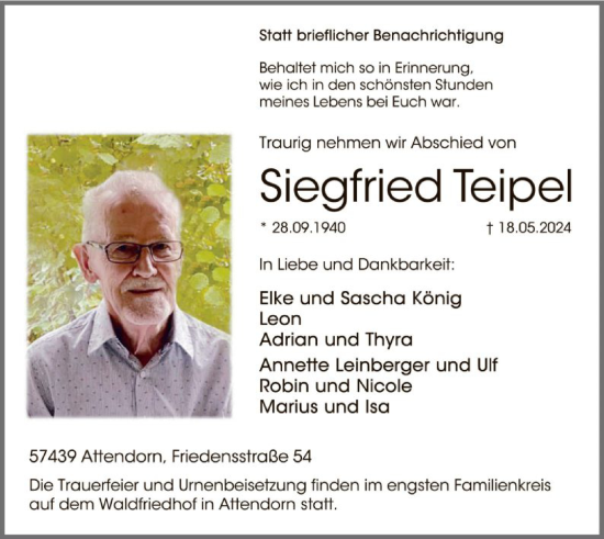 Todesanzeige von Siegfried Teipel von WA