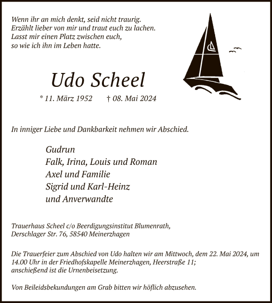 Todesanzeige von Udo Scheel von WA