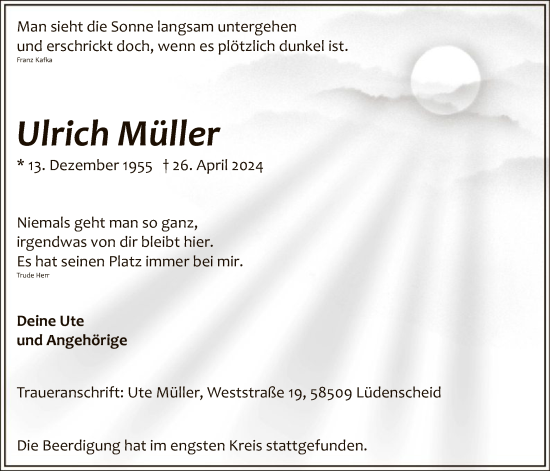 Todesanzeige von Ulrich Müller von WA