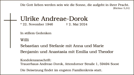 Todesanzeige von Ulrike Andreae-Dorok von WA