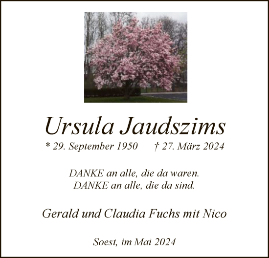 Todesanzeige von Ursula Jaudszims von WA