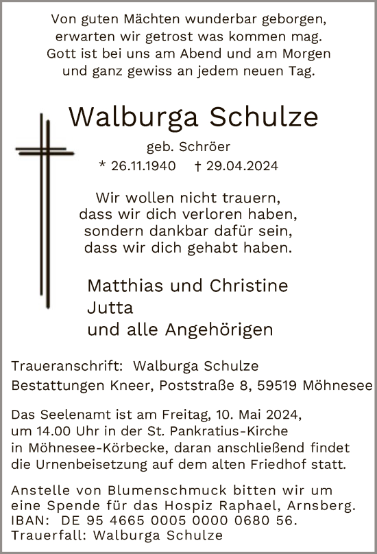 Todesanzeige von Walburga Schulze von WA