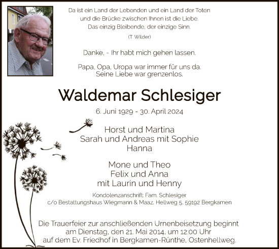 Todesanzeige von Waldemar Schlesiger von WA