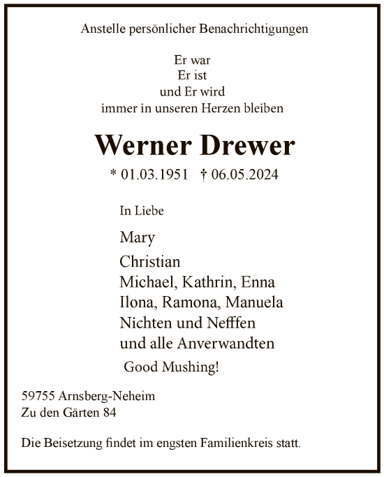 Todesanzeige von Werner Drewer von WA