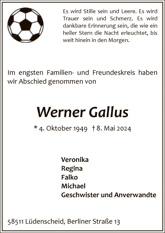 Todesanzeige von Werner Gallus von WA