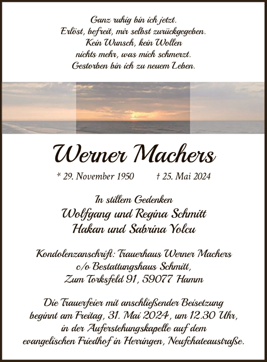 Todesanzeige von Werner Machers von WA
