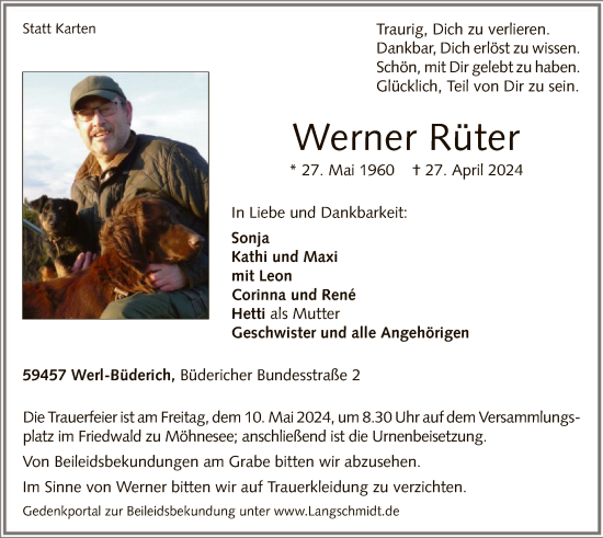 Todesanzeige von Werner Rüter von WA