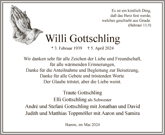 Todesanzeige von Willi Gottschling von WA