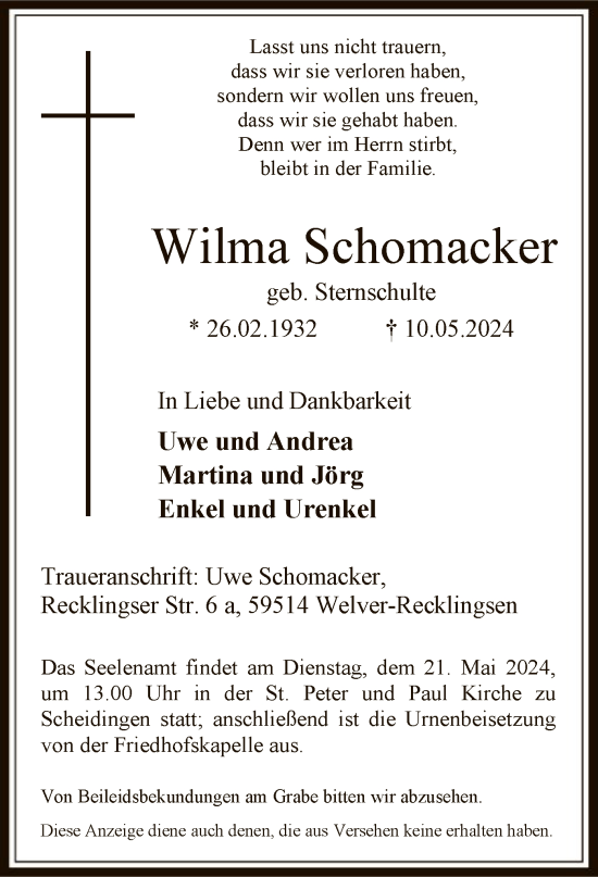 Todesanzeige von Wilma Schomacker von WA