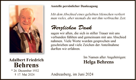 Todesanzeige von Adalbert Friedrich Behrens von WA
