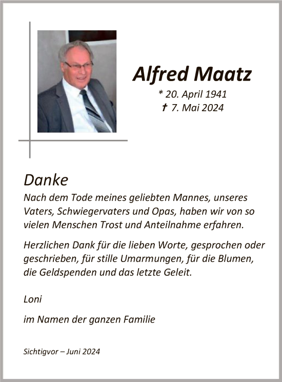 Todesanzeige von Alfred Maatz von WA