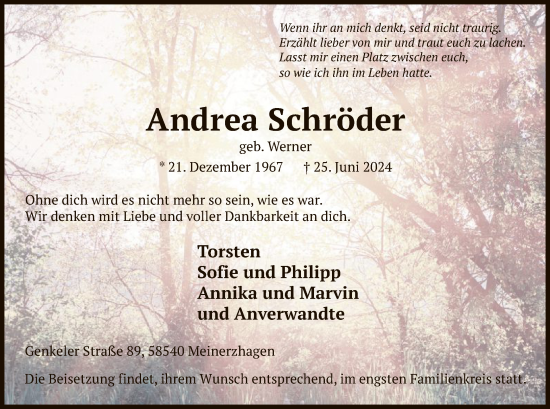 Todesanzeige von Andrea Schröder von WA