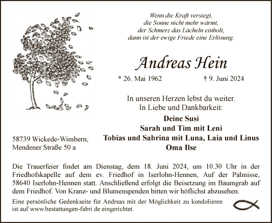 Todesanzeige von Andreas Hein von WA