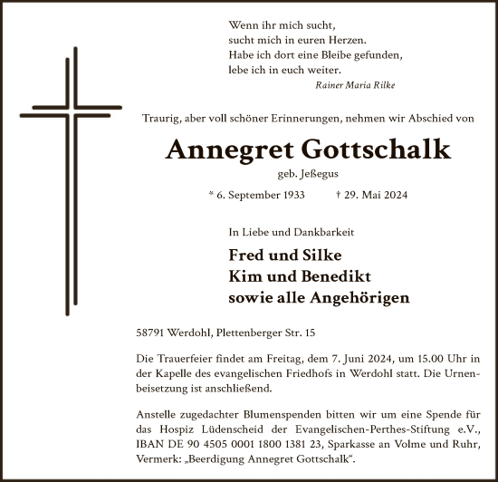 Todesanzeige von Annegret Gottschalk von WA