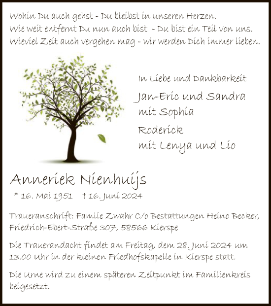 Todesanzeige von Anneriek Nienhuijs von WA