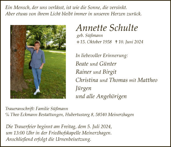 Todesanzeige von Annette Schulte von WA