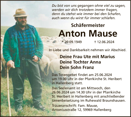 Todesanzeige von Anton Mause von WA