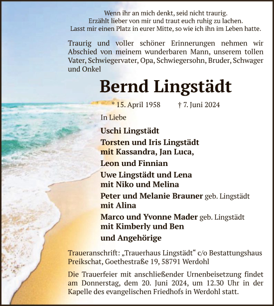 Todesanzeige von Bernd Lingstädt von WA