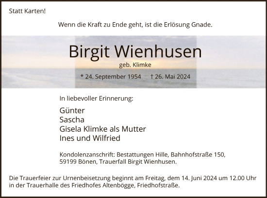 Todesanzeige von Birgit Wienhusen von WA