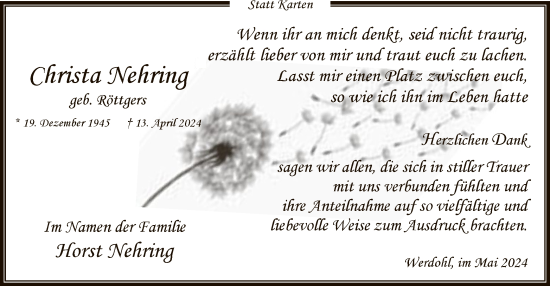 Todesanzeige von Christa Nehring von WA