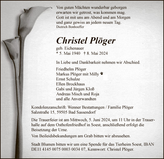 Todesanzeige von Christel Plöger von WA
