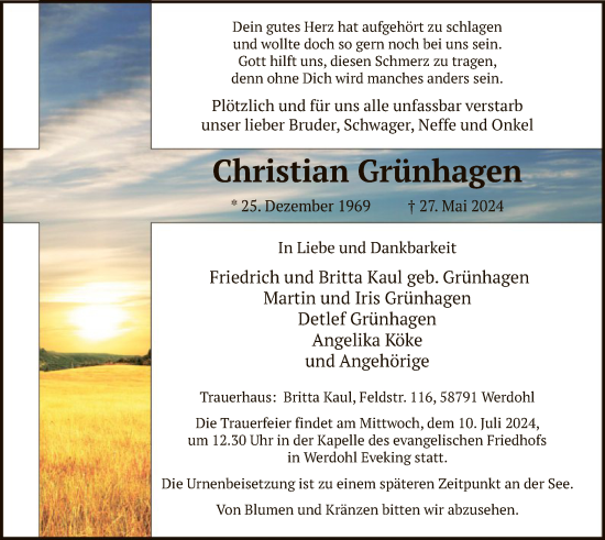 Todesanzeige von Christian Grünhagen von WA