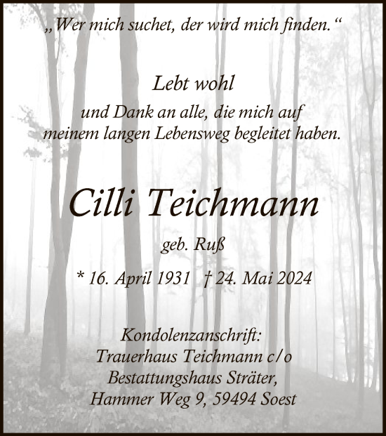 Todesanzeige von Cilli Teichmann von WA