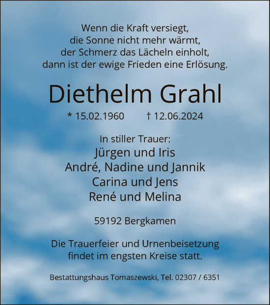 Todesanzeige von Diethelm Grahl von WA