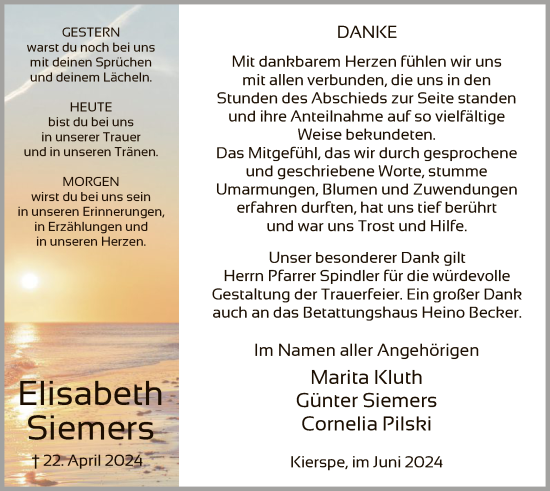 Todesanzeige von Elisabeth Siemers von WA