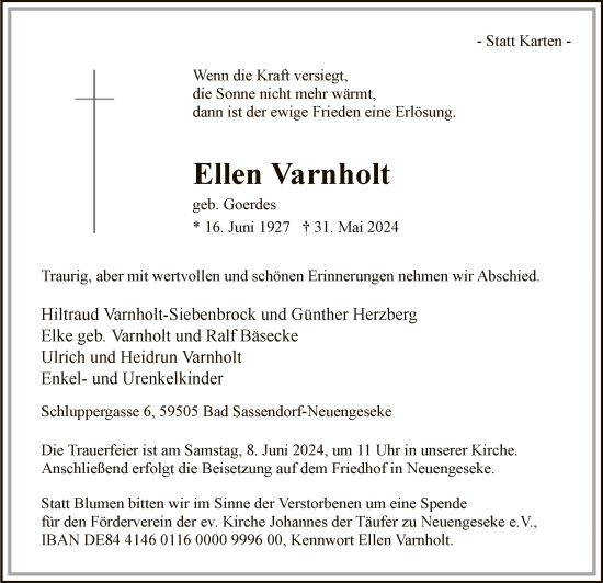 Todesanzeige von Ellen Varnholt von WA