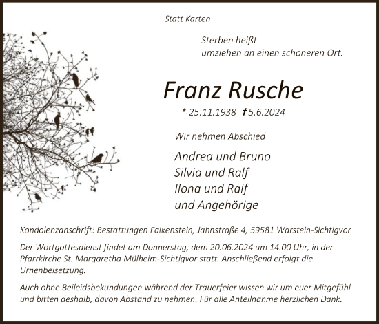 Todesanzeige von Franz Rusche von WA