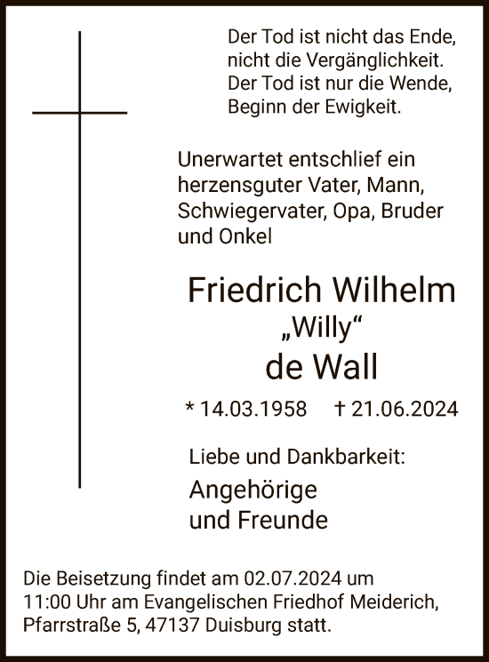 Todesanzeige von Friedrich Wilhelm de Wall von WA