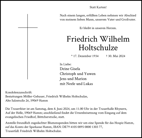 Todesanzeige von Friedrich Wilhelm Holtschulze von WA