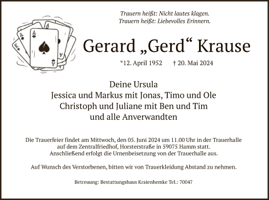 Todesanzeige von Gerard  Krause von WA