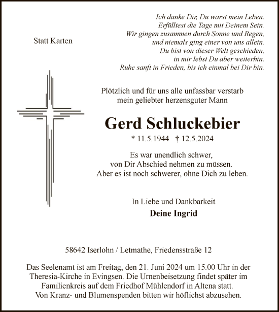 Todesanzeige von Gerd Schluckebier von WA