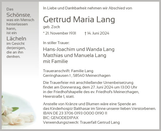 Todesanzeige von Gertrud Maria Lang von WA