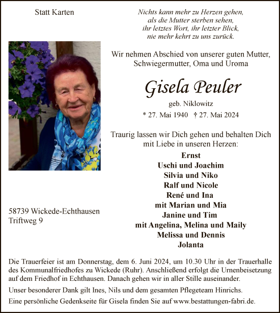 Todesanzeige von Gisela Peuler von WA
