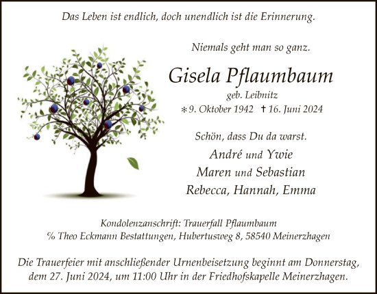 Todesanzeige von Gisela Pflaumbaum von WA