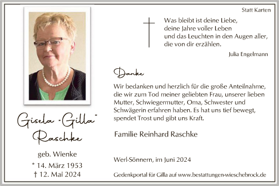 Todesanzeige von Gisela Raschke von WA