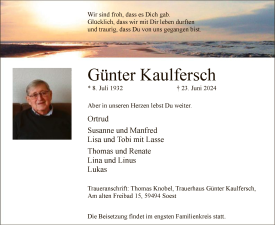 Todesanzeige von Günter Kaulfersch von WA