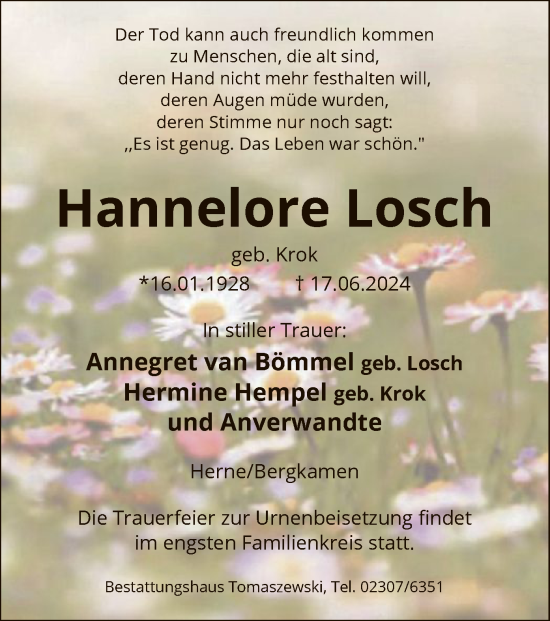 Todesanzeige von Hannelore Losch von WA