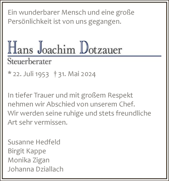 Todesanzeige von Hans Joachim Dotzauer von WA
