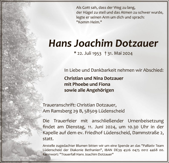 Todesanzeige von Hans Joachim Dotzauer von WA