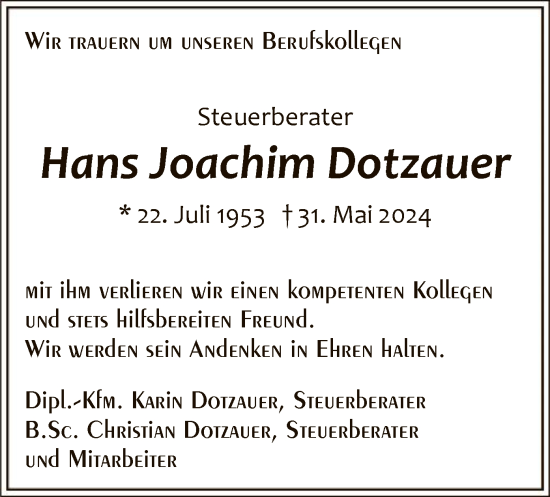 Todesanzeige von Hans Joachim Dotzauer von WA